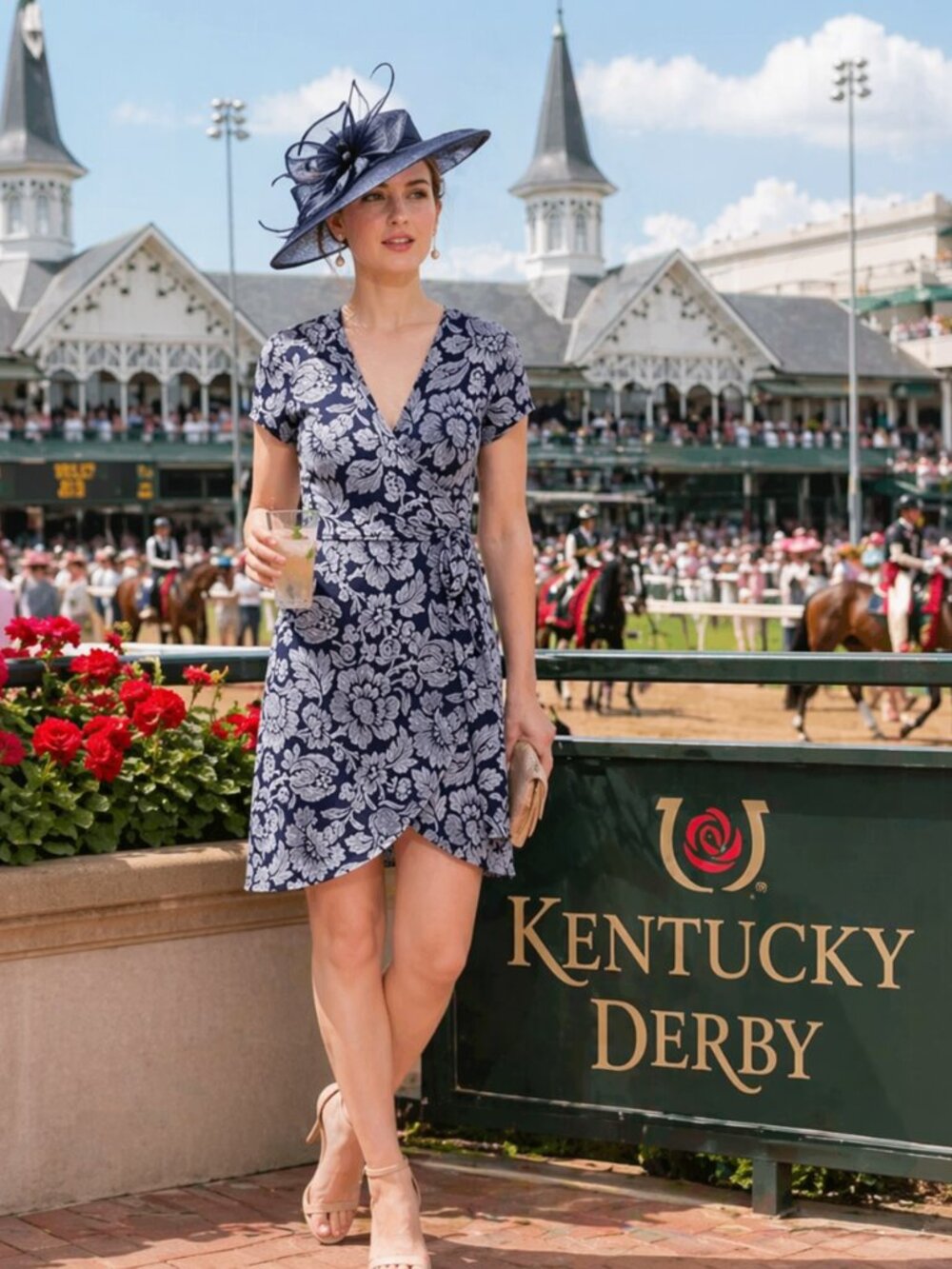 LOFT Navy & White Floral Print Wraparound Dress Size M
